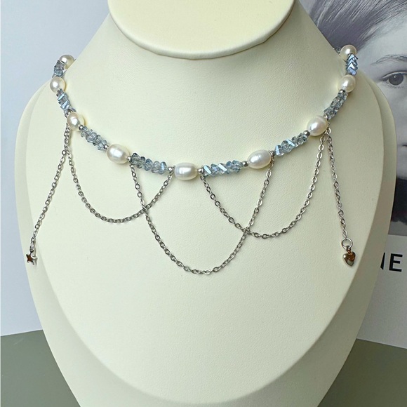 Trendy Pearl & Blue Crystal Necklace with Silver Chains and Cute Charms - Picture 2 of 5